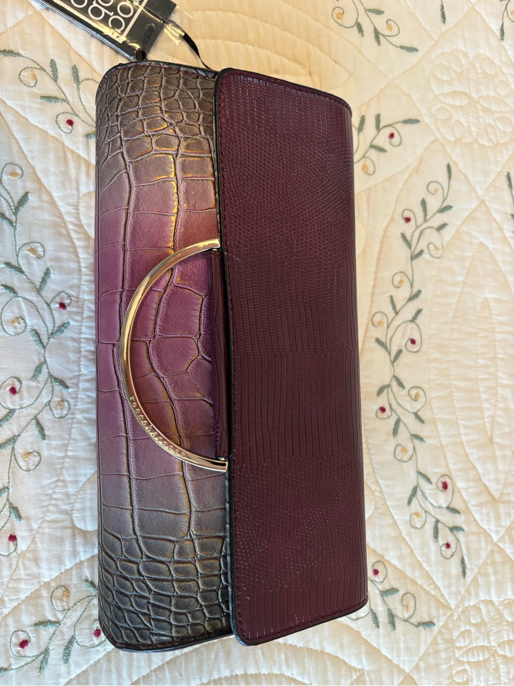 Elegant Burgundy Croc-Texture Clutch with Gold Handle